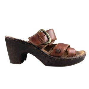 Born Women's 7 Tinari Brown Leather Open Toe Buckle Slip On High Heel Sandals